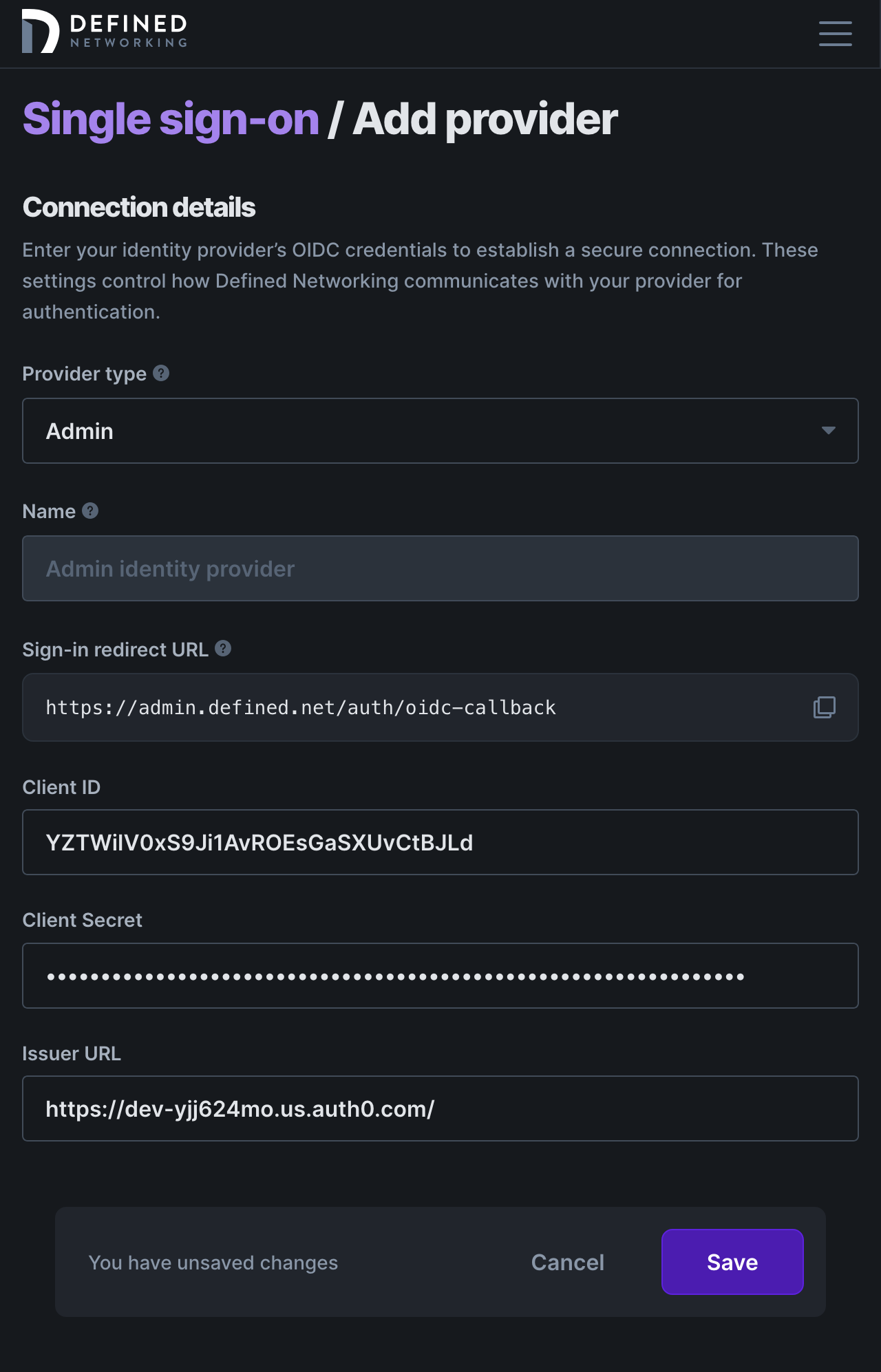 Form for creating a new SSO integration that requires a Client ID, a Client Secret, and an Issuer URL