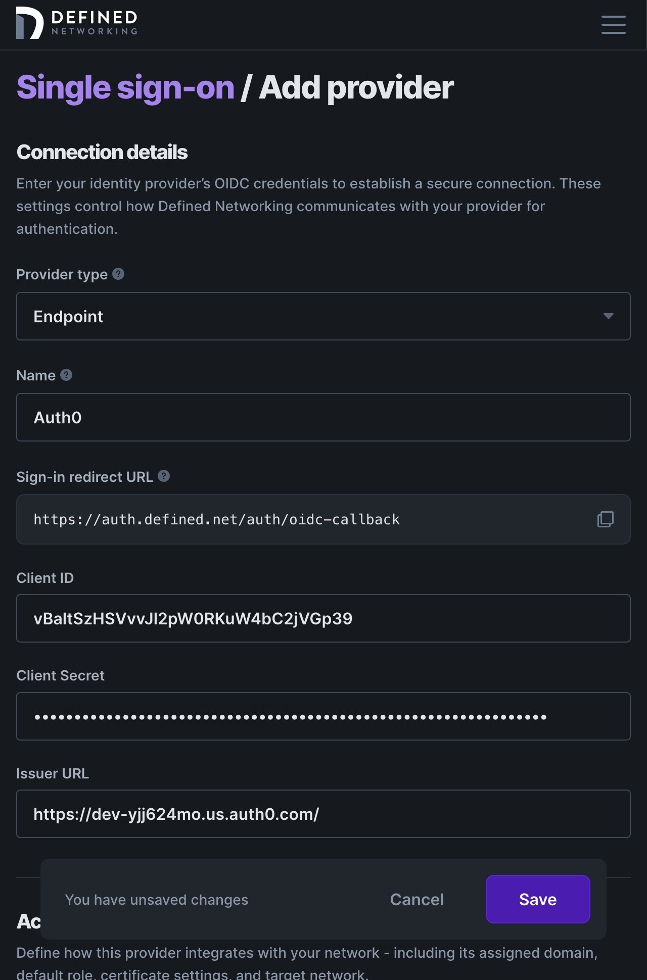 Form for creating a new SSO integration that requires a Client ID, a Client Secret, and an Issuer URL, there's more info needed further down the page