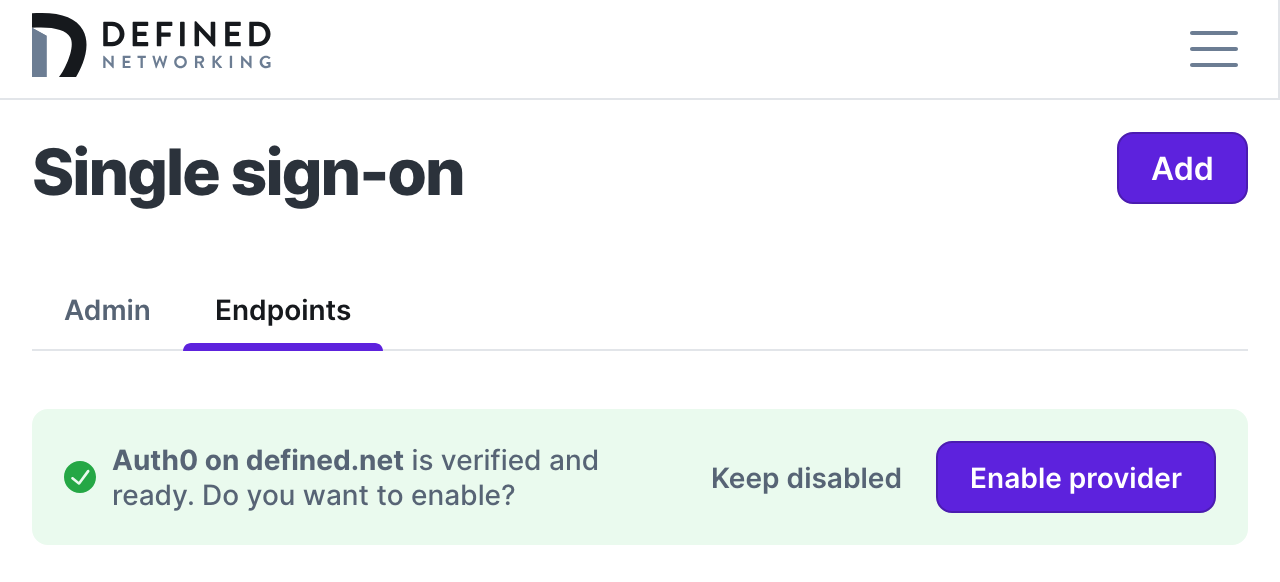 Page that shows a verified domain and a disabled endpoint SSO config