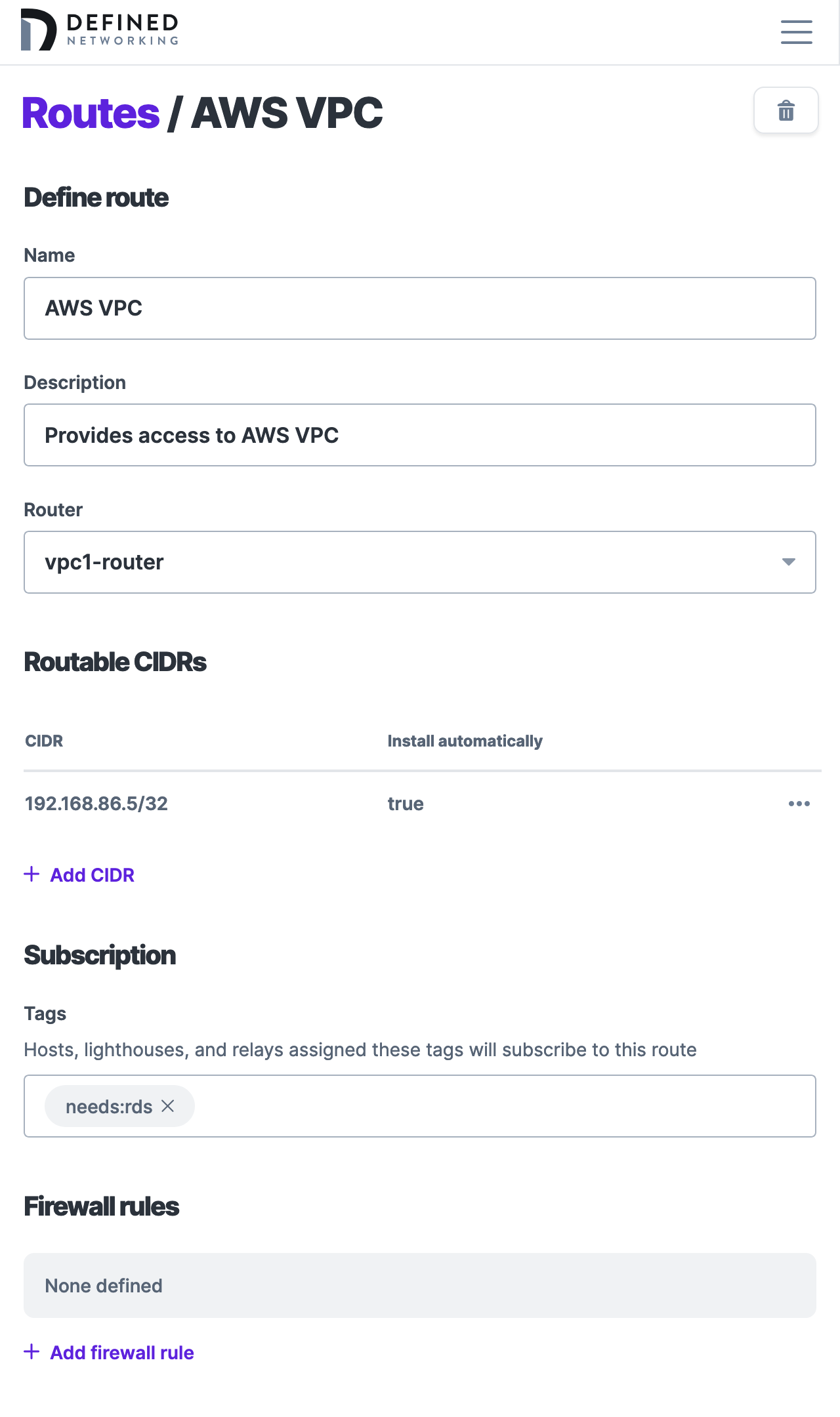 Screenshot of the configured route page, with a name, description, “vpc-router1” selected as the router, a single routable CIDR, and “needs:rds” defined as the only subscribed tag.