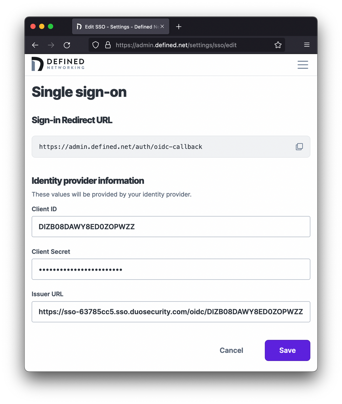 Form for creating a new SSO integration that requires a Client ID, a Client Secret, and an Issuer URL