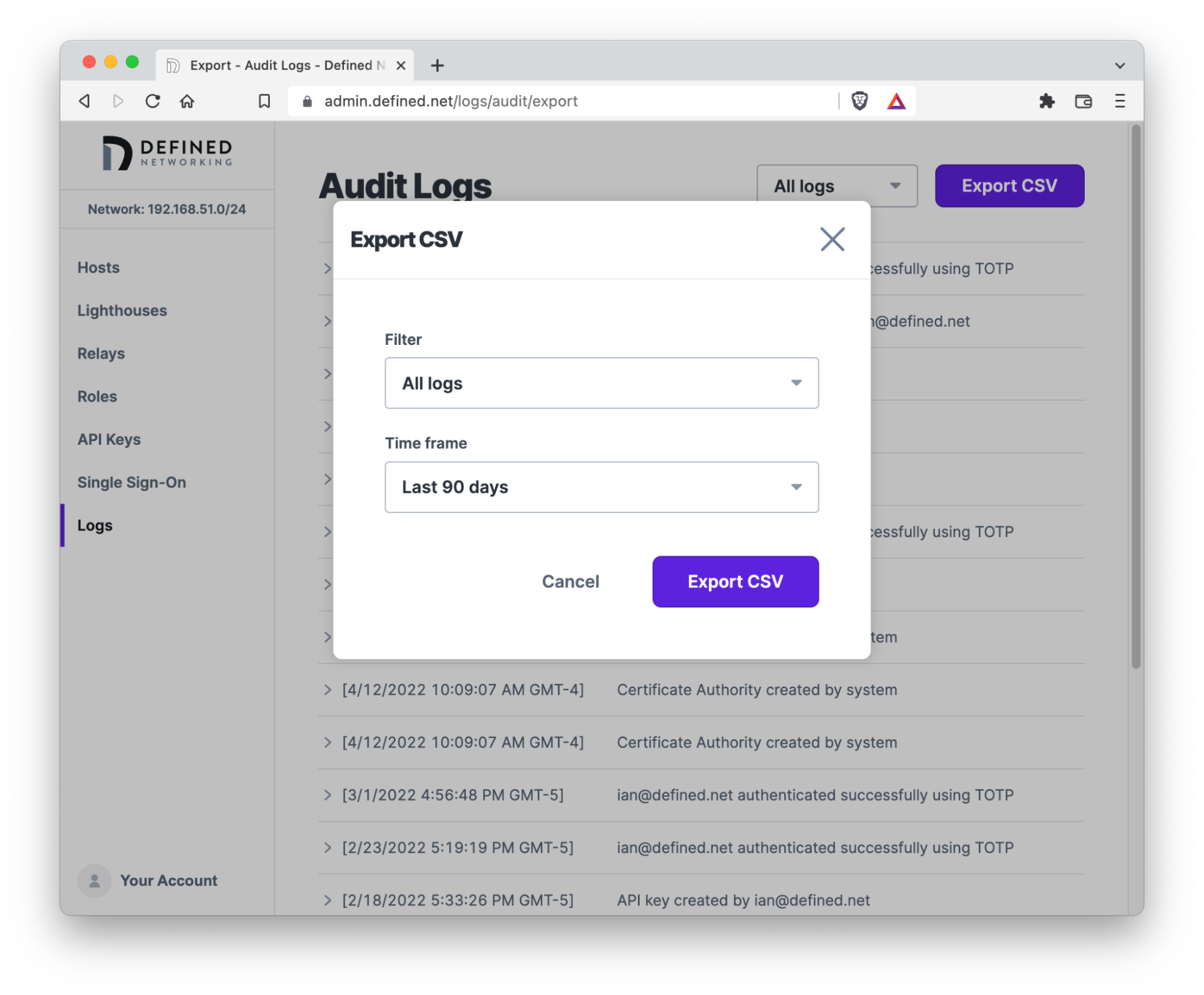 Export CSV modal open with filter and time frame options