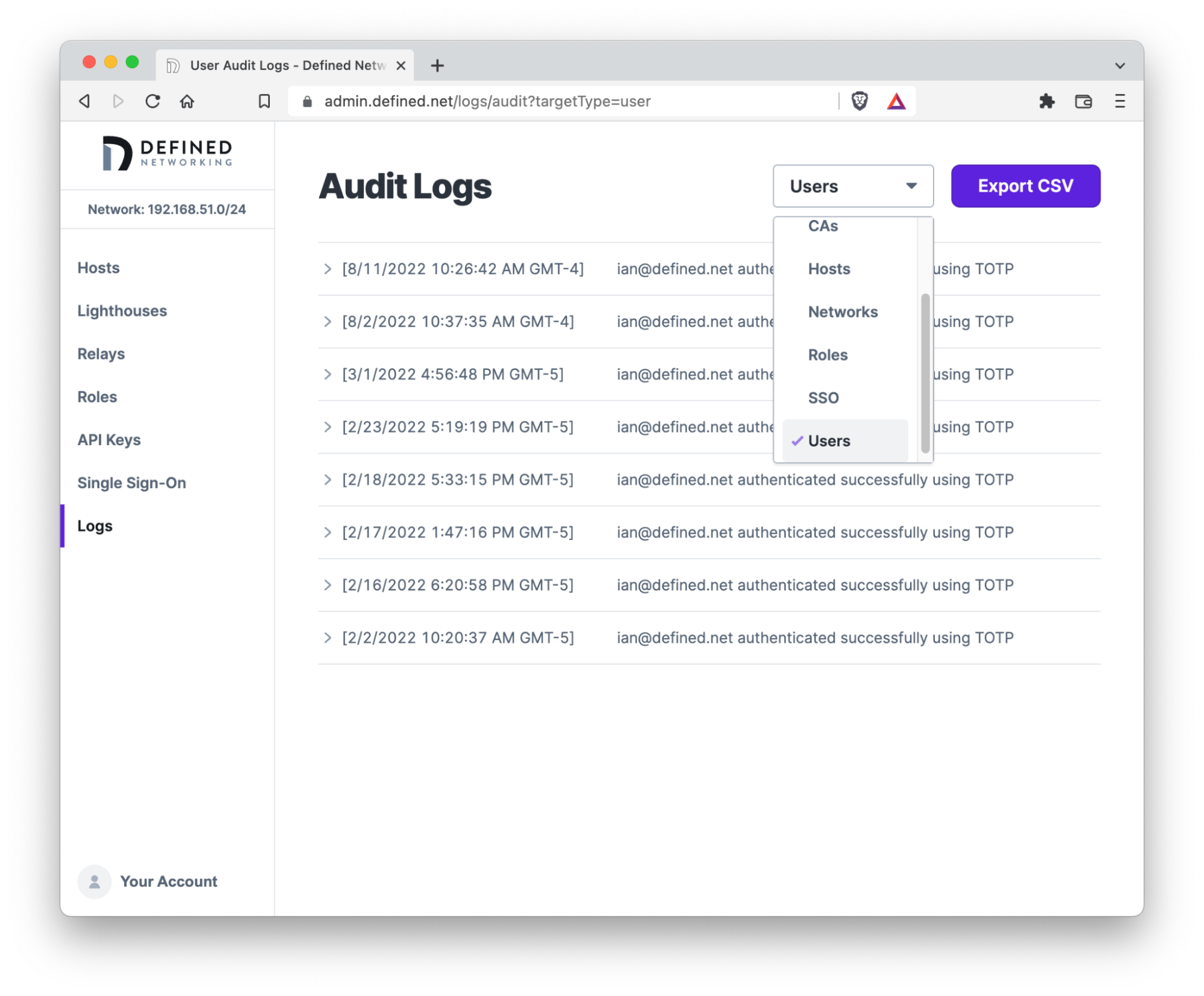 Open dropdown on the Audit Logs page, selecting the Users type