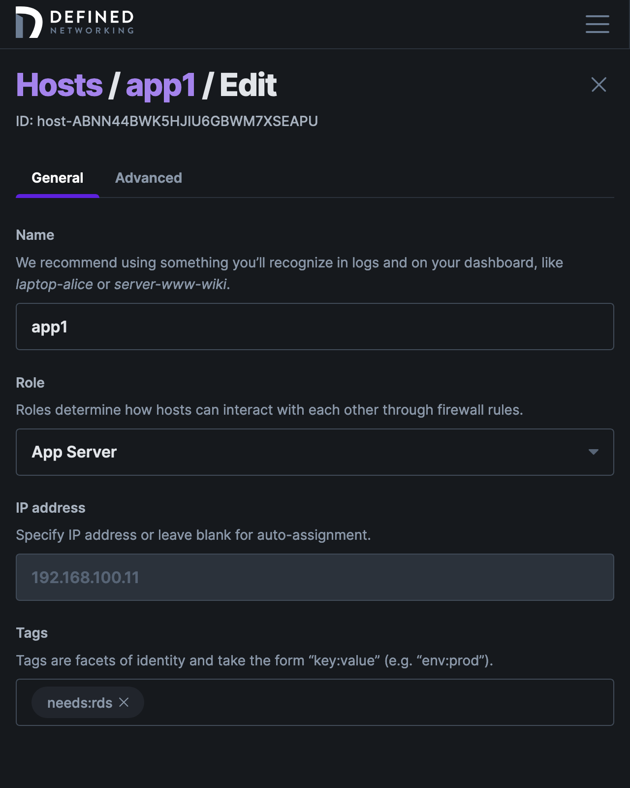 Screenshot of the subscribed host's details page showing the “needs:rds” is assigned.