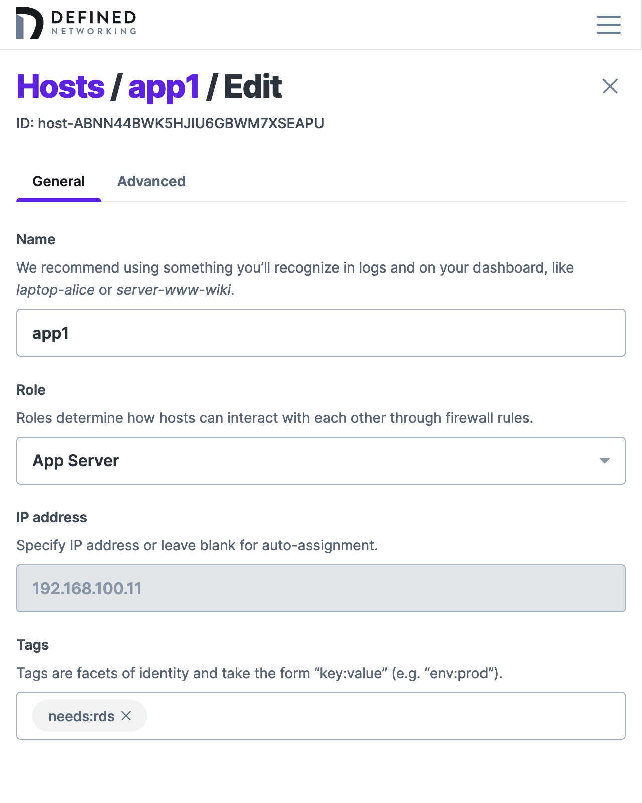 Screenshot of the subscribed host's details page showing the “needs:rds” is assigned.