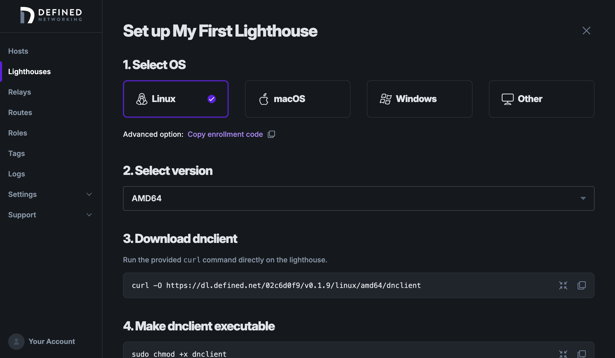 Enroll page for a new lighthouse named 'My First Lighthouse'. It shows options for choosing an operating system and version, and then instructions for how to install and run DNClient.