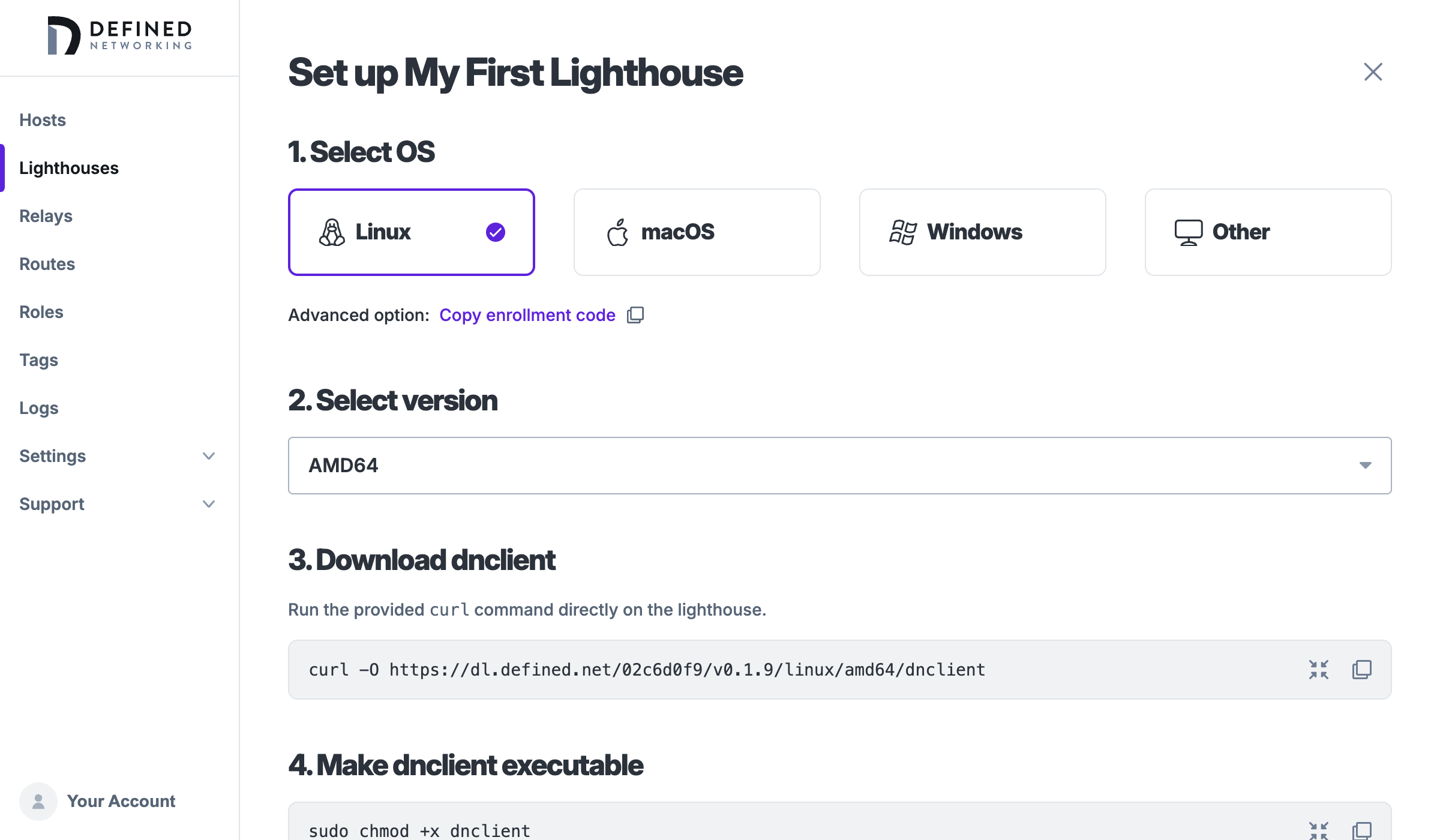 Enroll page for a new lighthouse named 'My First Lighthouse'. It shows options for choosing an operating system and version, and then instructions for how to install and run DNClient.