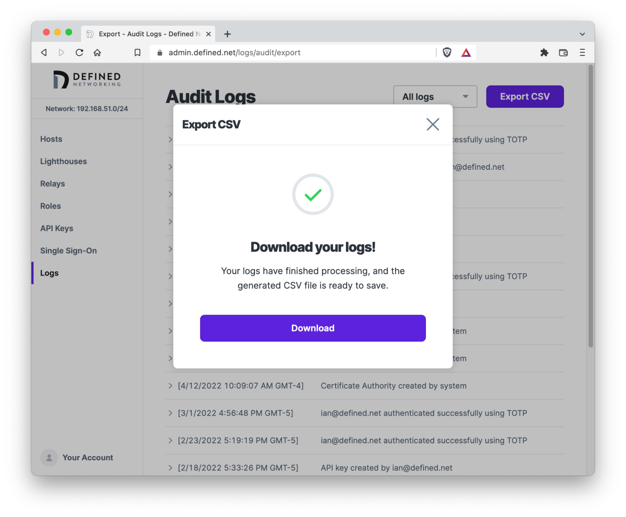 Loading complete for the Export CSV modal, with a Download your logs! button