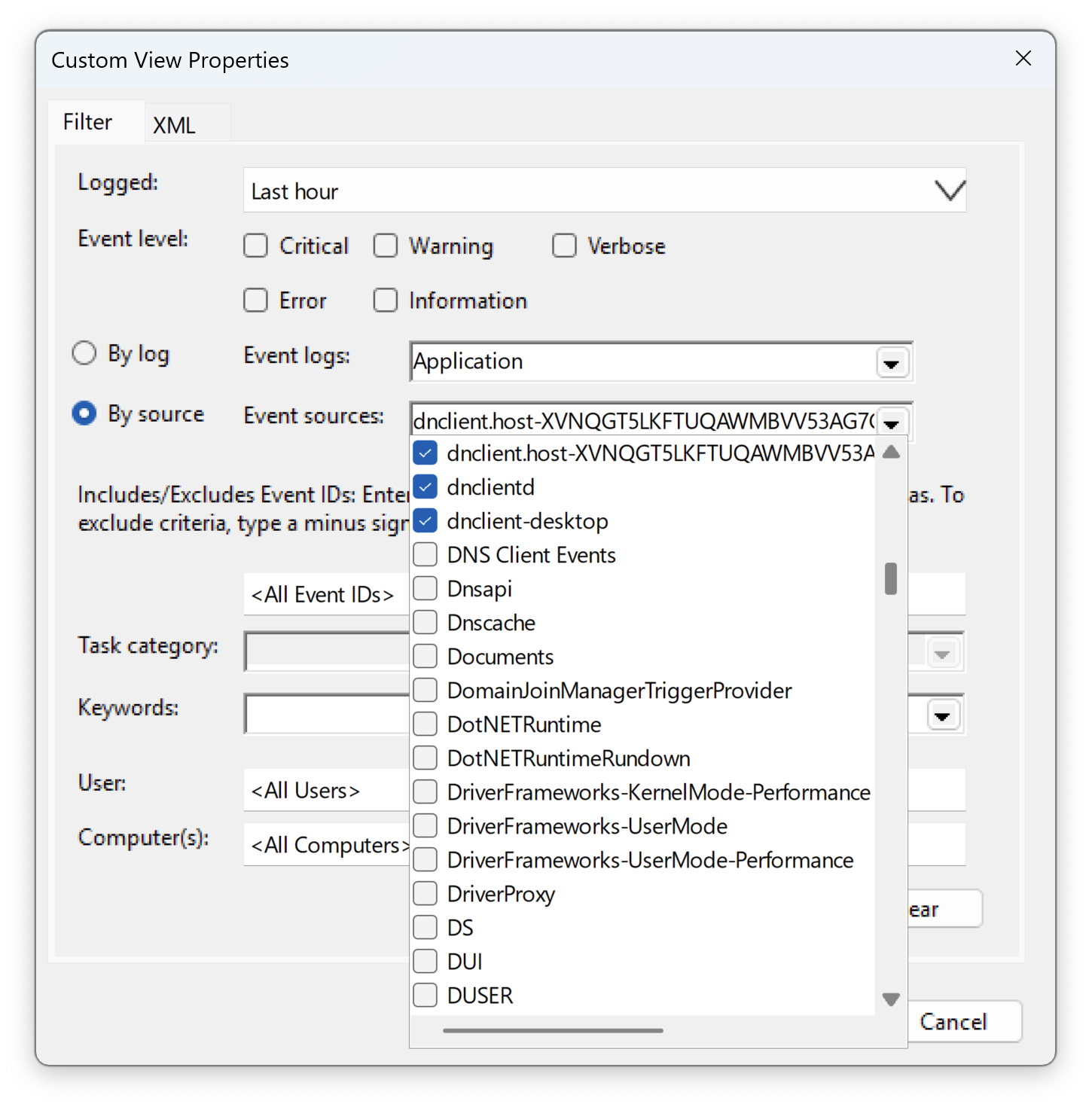 Custom events viewer form showing dnclient-desktop, dnclientd, and dnclient.$(host-ID) entered within the Source field