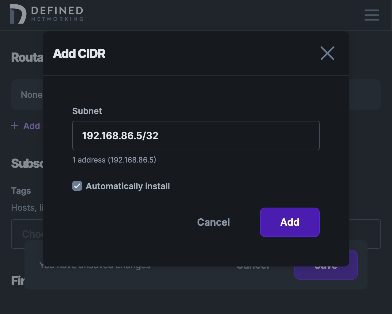 Add Routable CIDR modal demonstrating entry of a /32 CIDR with the checkbox labelled “Automatically install” checked