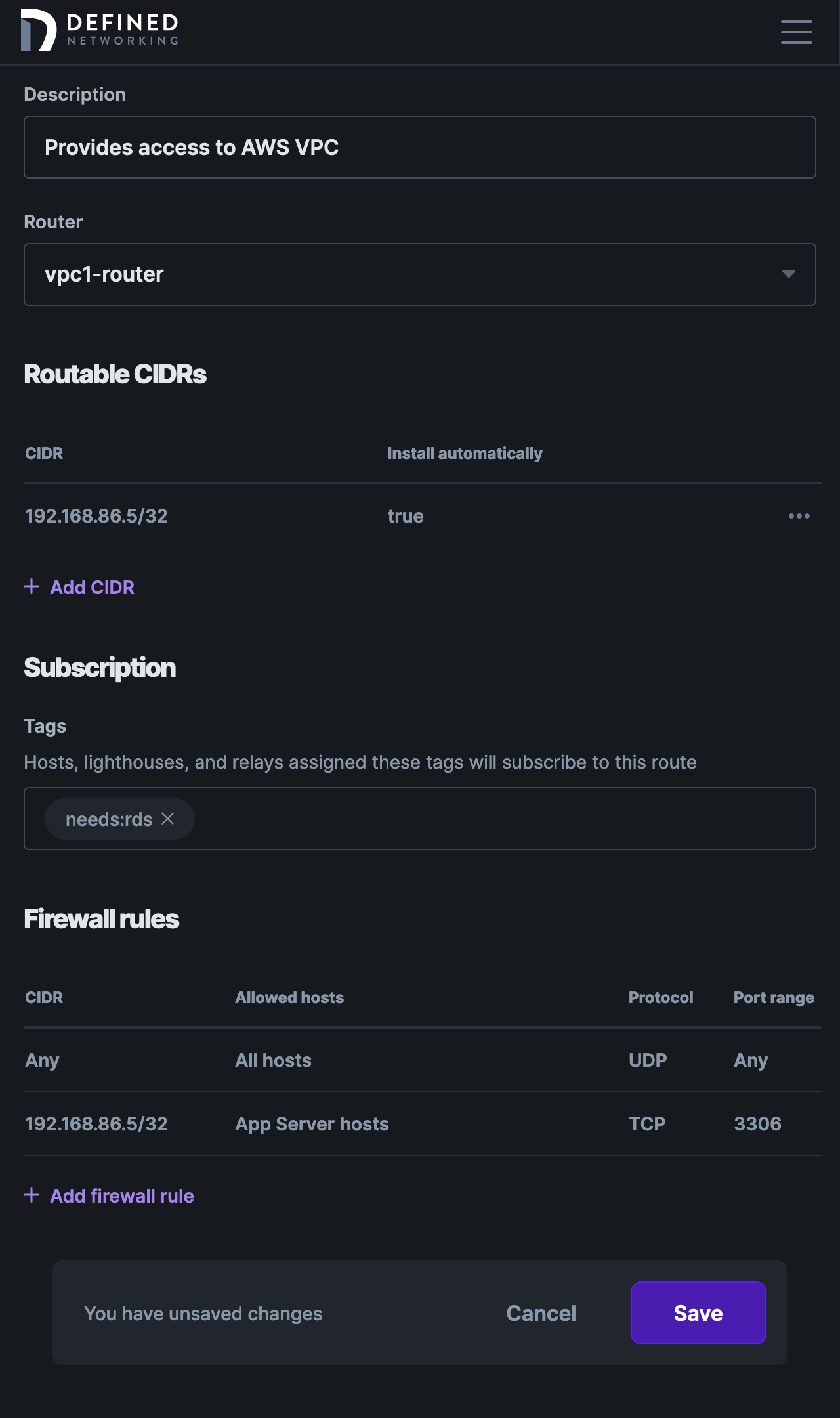 Screenshot of the router's role page, with firewall rules configured permitting inbound ICMP access from any host, and TCP 3306 access to “Application Server” hosts