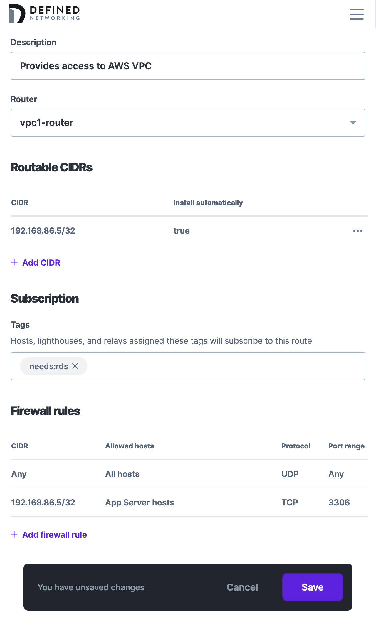 Screenshot of the router's role page, with firewall rules configured permitting inbound ICMP access from any host, and TCP 3306 access to “Application Server” hosts