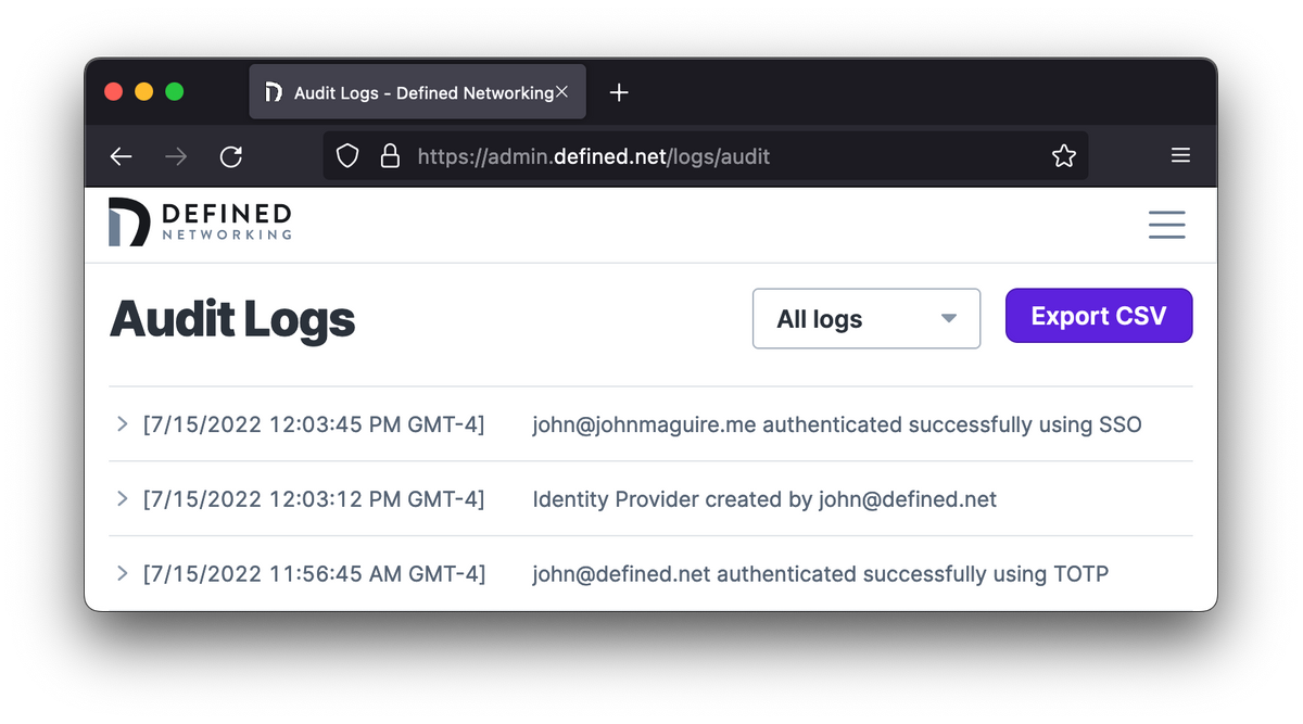 Audit logs that read "john@johnmaguire.me successfully authenticated using SSO"
