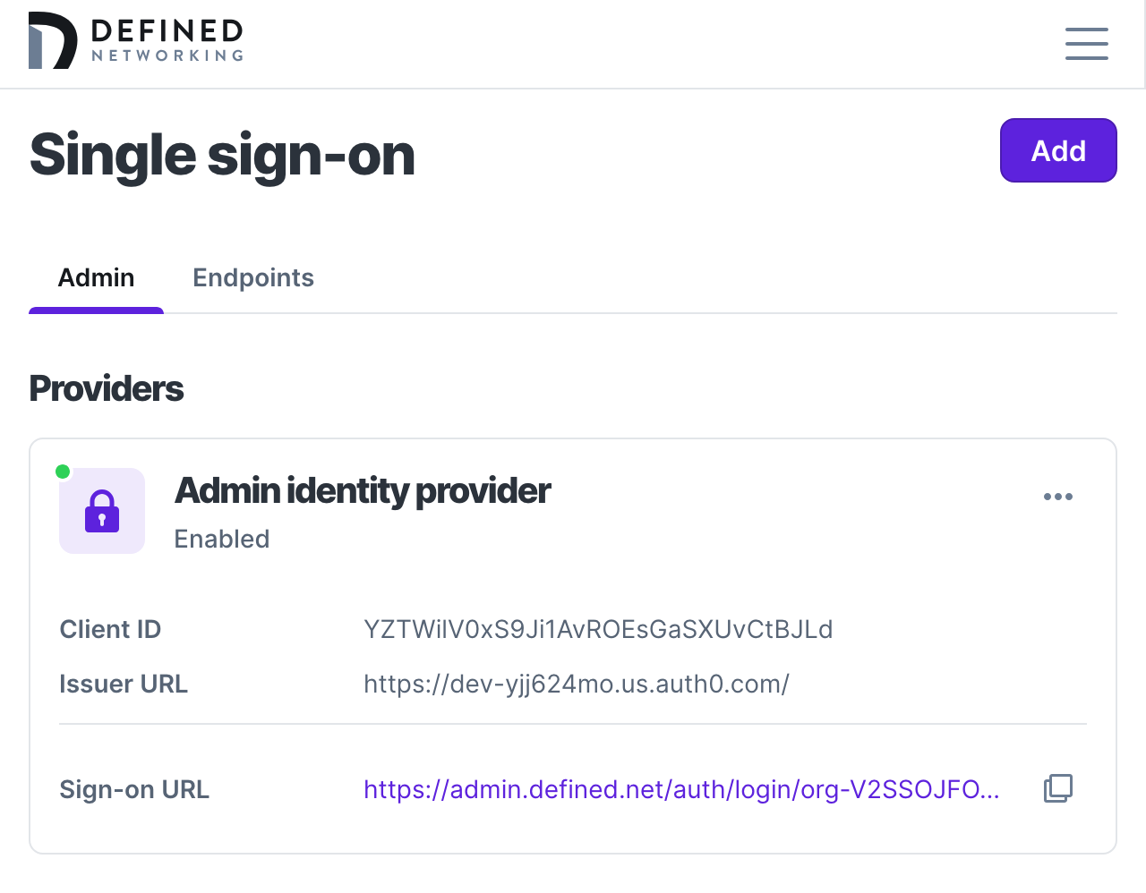 Saved SSO integration that shows a sign-on URL, and a details for a configured identity provider for admins