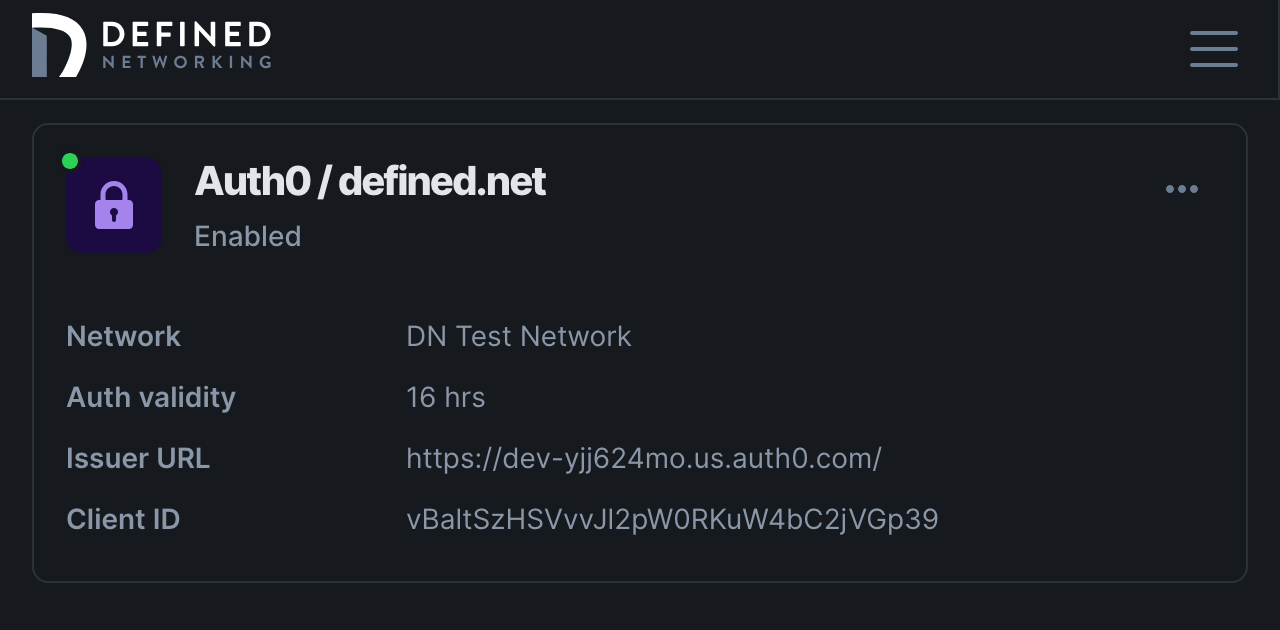 Saved and enabled SSO integration that shows a sign-on URL, and a details for a configured identity provider for endpoints