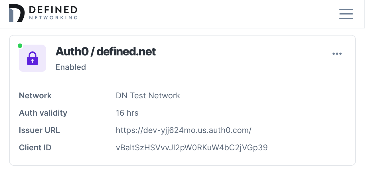 Saved and enabled SSO integration that shows a sign-on URL, and a details for a configured identity provider for endpoints