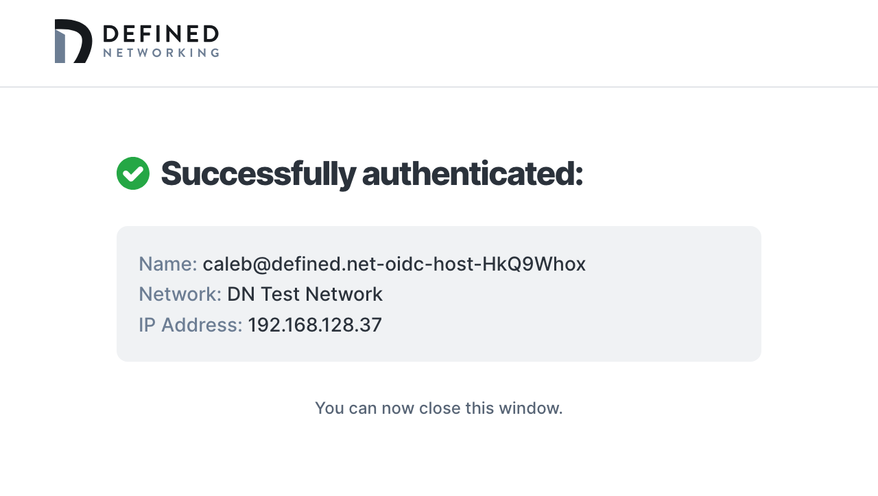 Success screen showing the host's name, network name, and ip address