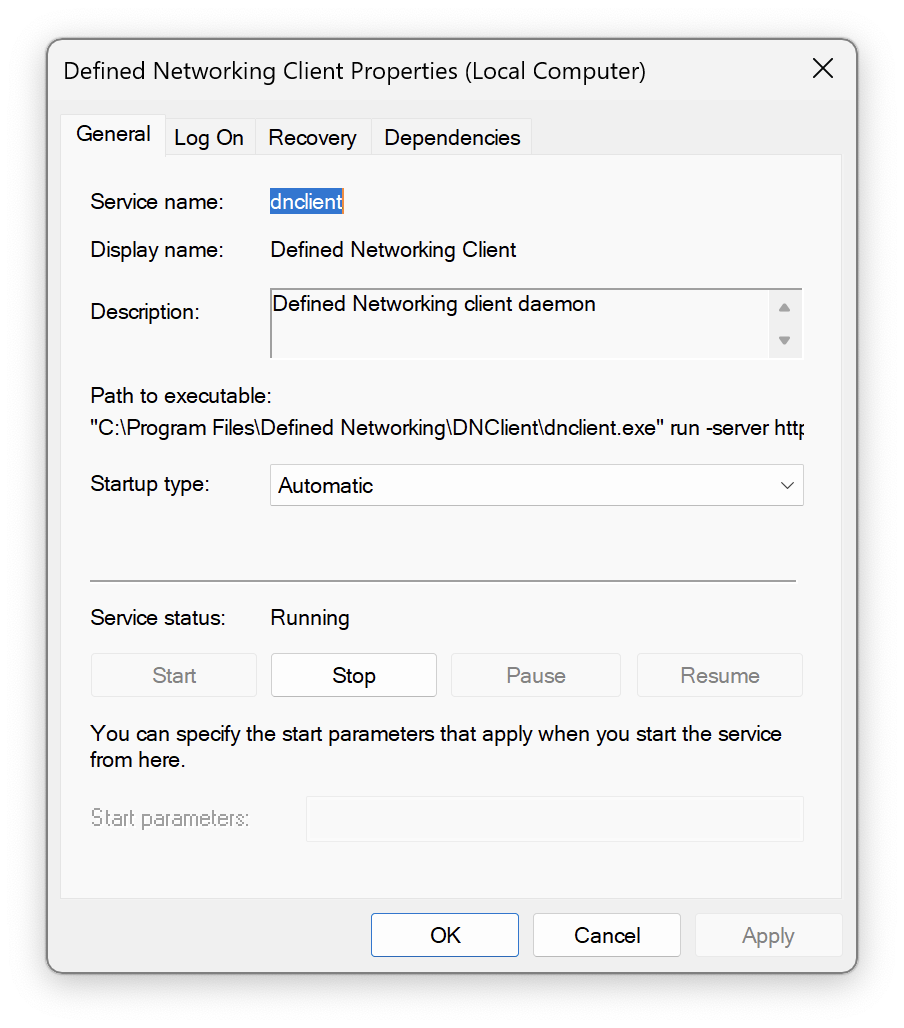 Services app showing the status of the dnclient service